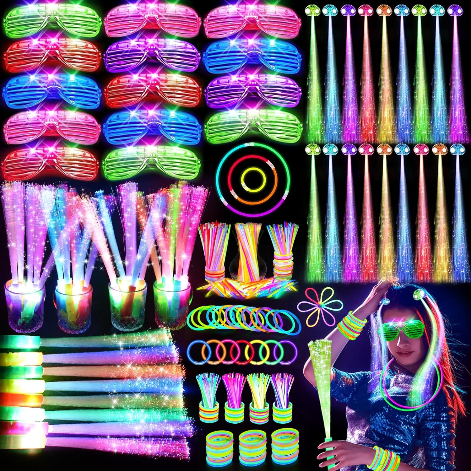 148 PCS Glow in the Dark Party Supplies, 16 PCS Glow Fiber Optic Wands, 14 PCS LED Glasses, 100 PCS