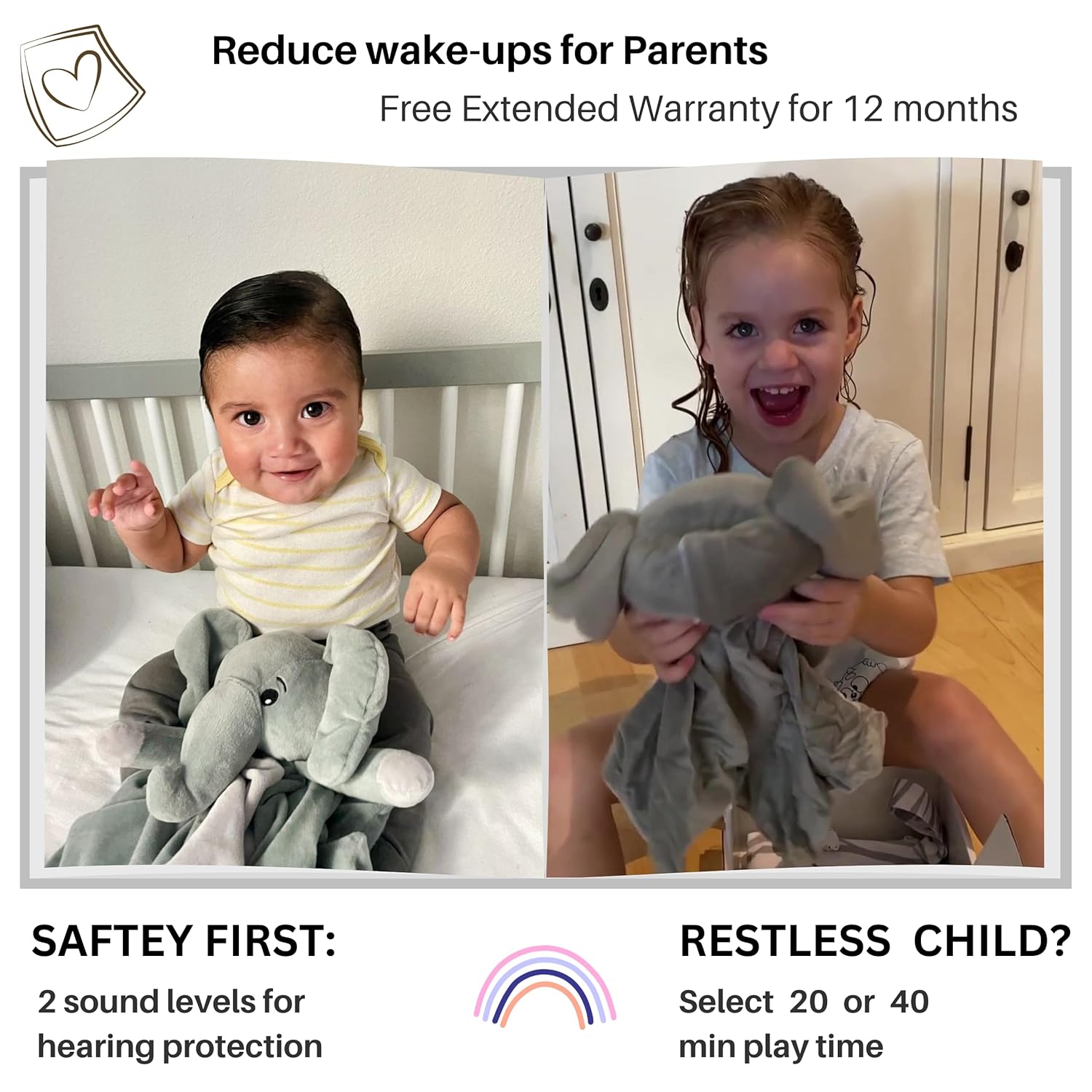 4-in-1 Sound Machine, Baby Lovey, Blanket - White Noise & Lullaby Plush Elephant Calms & Reduces