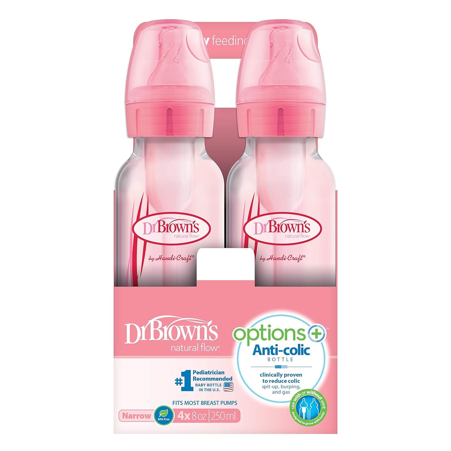 Dr. Brown’s Natural Flow® Anti-Colic Options+™ Narrow Baby Bottles, 8 oz/250ml, with Level 1 Slow