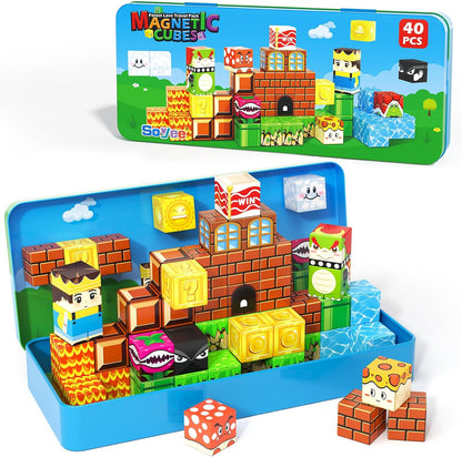 Magnetic Blocks Travel Toys with Portable Metal Tin - STEM Magnet Building Blocks Toddler Kids Toys