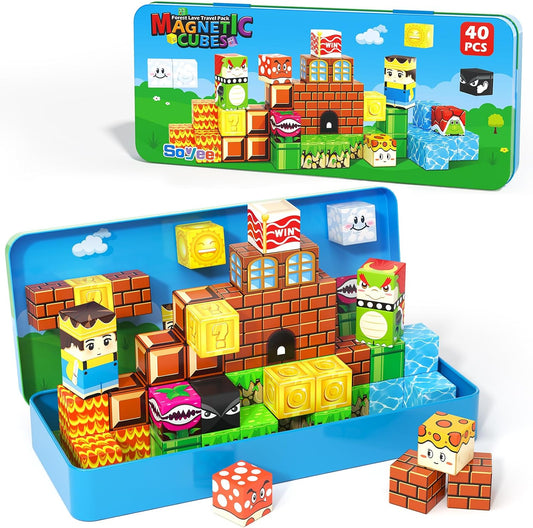 Magnetic Blocks Travel Toys with Portable Metal Tin - STEM Magnet Building Blocks Toddler Kids Toys