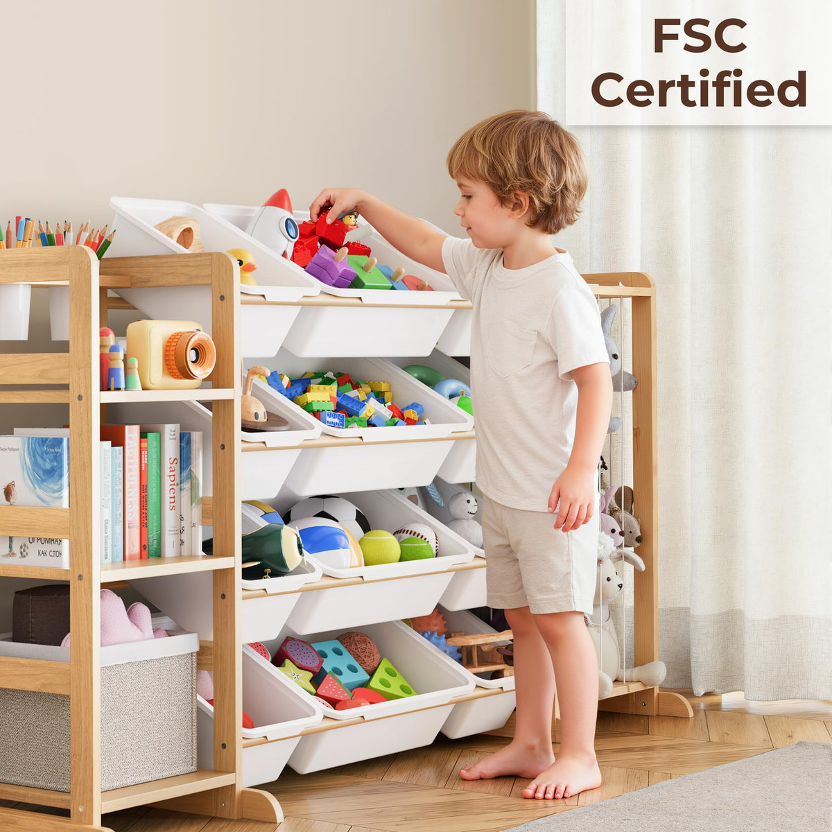 Toy Storage Organizer with Bookshelf and Stuffed Animal Storage - Kids Playroom Organization with