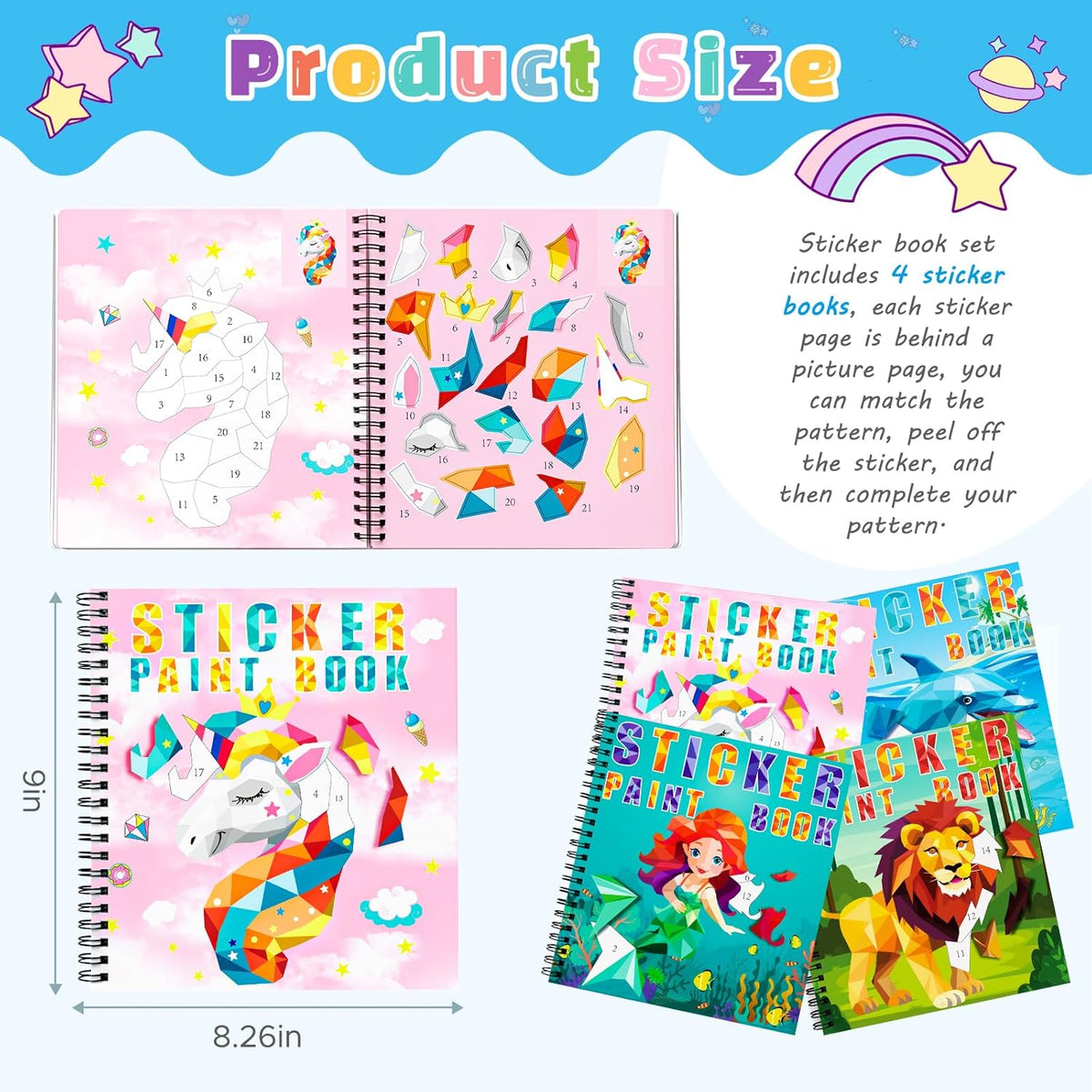 homicozy 4PCS Sticker Paint Books for Kids Ages 4-10,Unicorn Mermaid Animals Designs Paint by