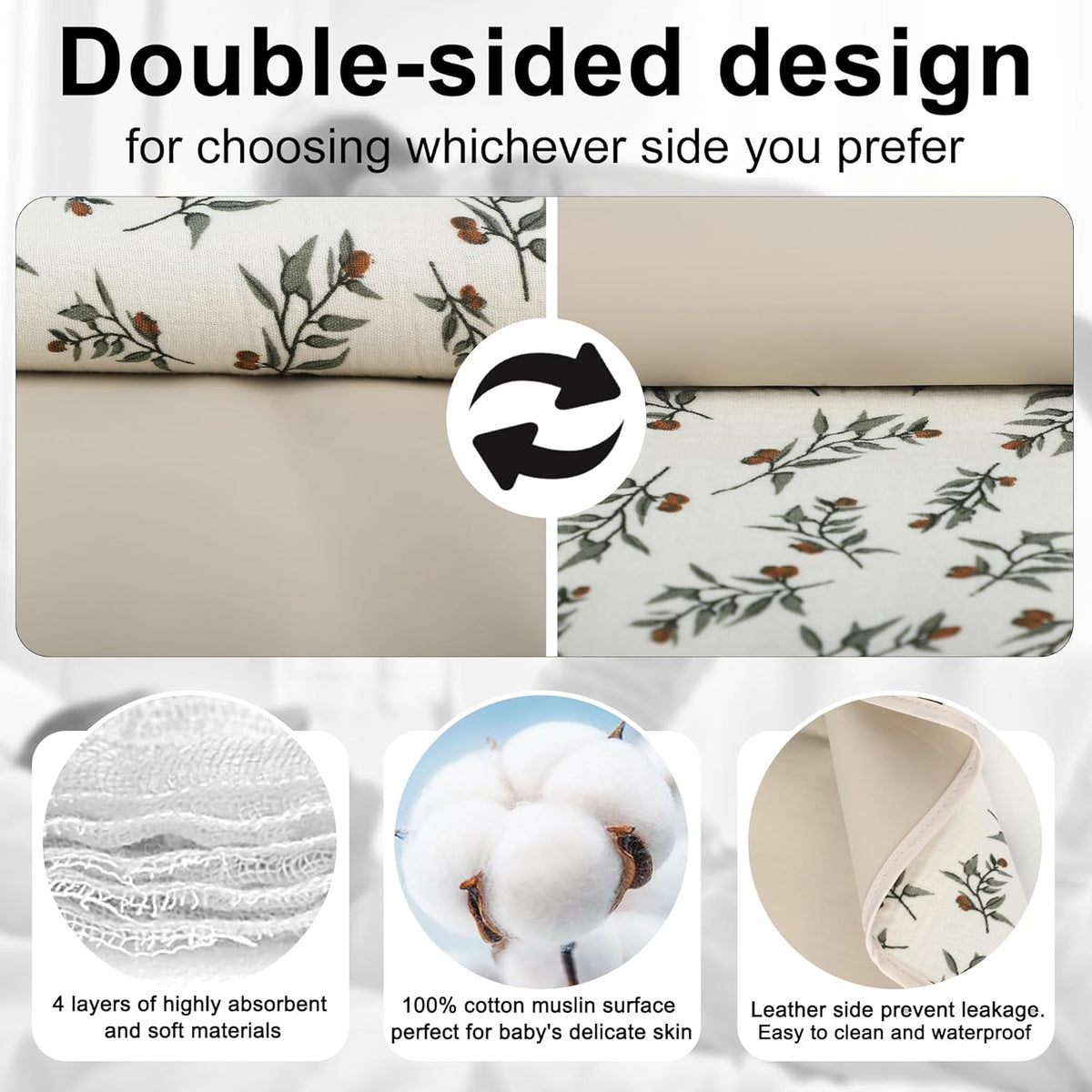 Baby Diaper Changing Pad, 19.7"x25.6" Waterproof Changing Pad Liners with 100% Muslin Cotton Front