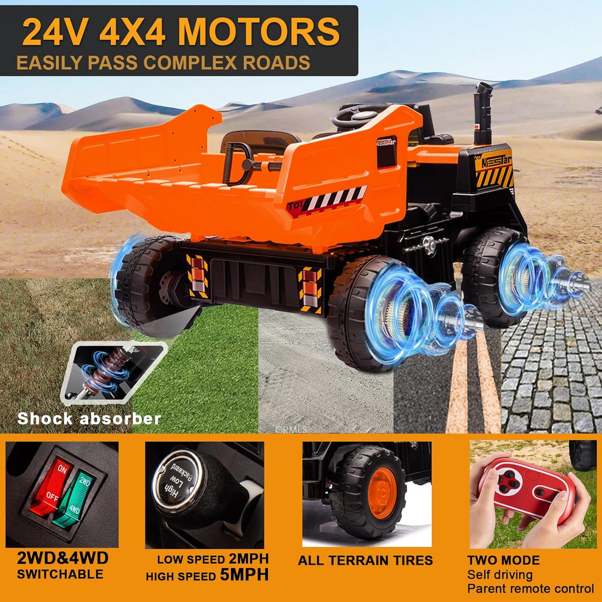 24V Ride On Dump Truck, 24inch-2 Seater Ride On Car for Kids w/Remote Control 4WD/2WD Up to 5 Mph