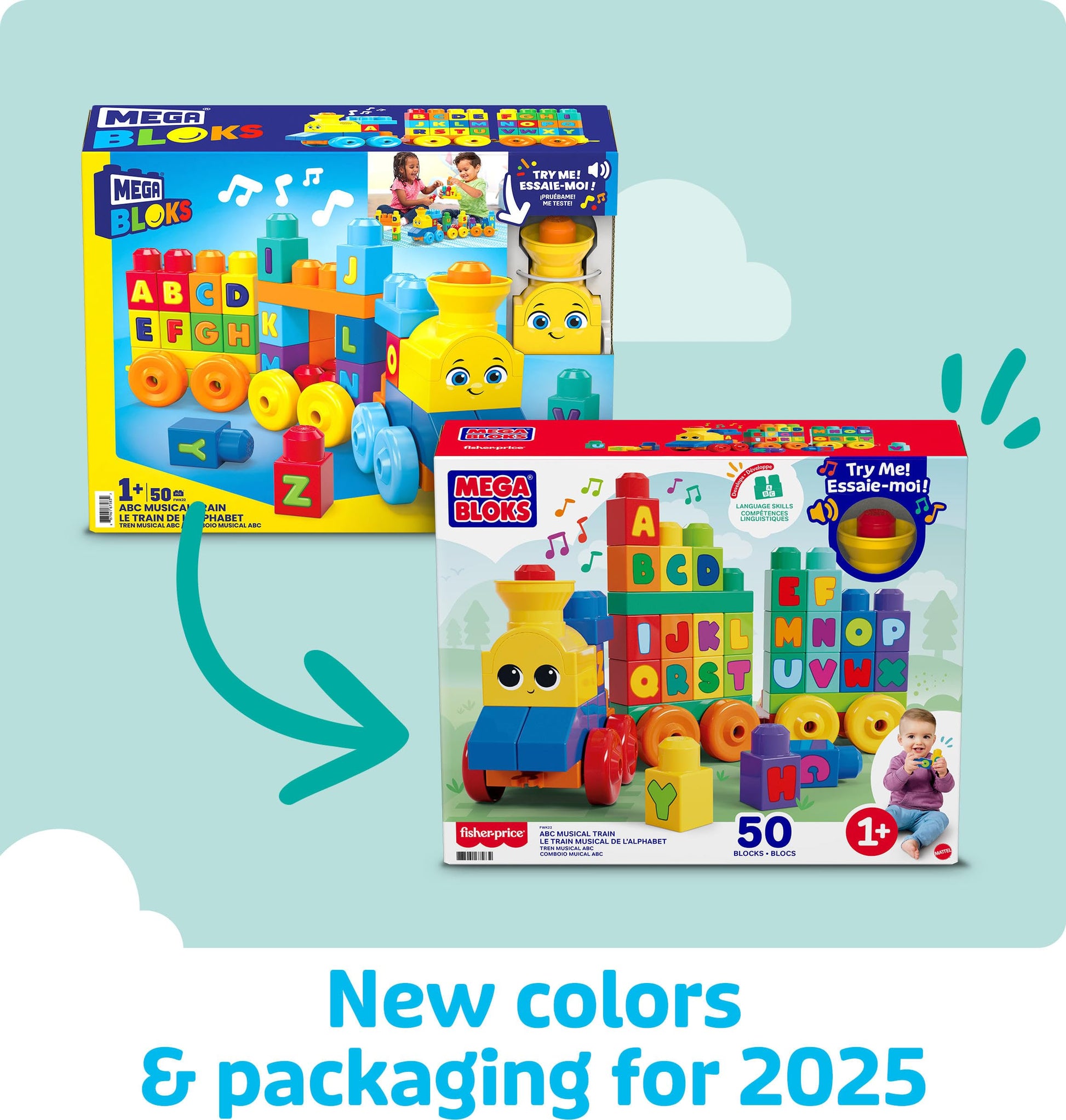 MEGA BLOKS First Builders Toddler Building Blocks Toy Set, ABC Musical Train with 50 Pieces, Music