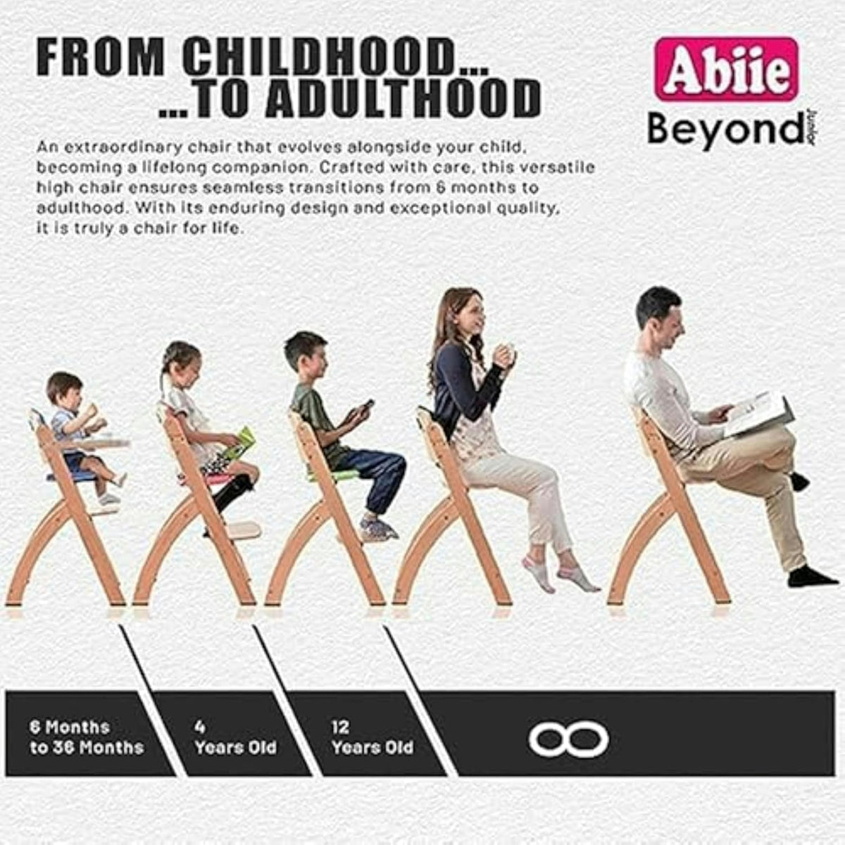 Abiie Beyond Junior Wooden High Chair with Tray - Adjustable and Convertible High Chair for Babies