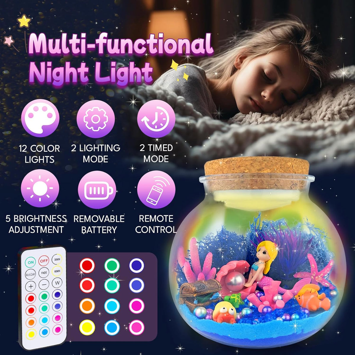 Mermaid Terrarium Craft Kit for Kids - LED Night Light Up & Remote Mermaid Birthday Gifts Toys for