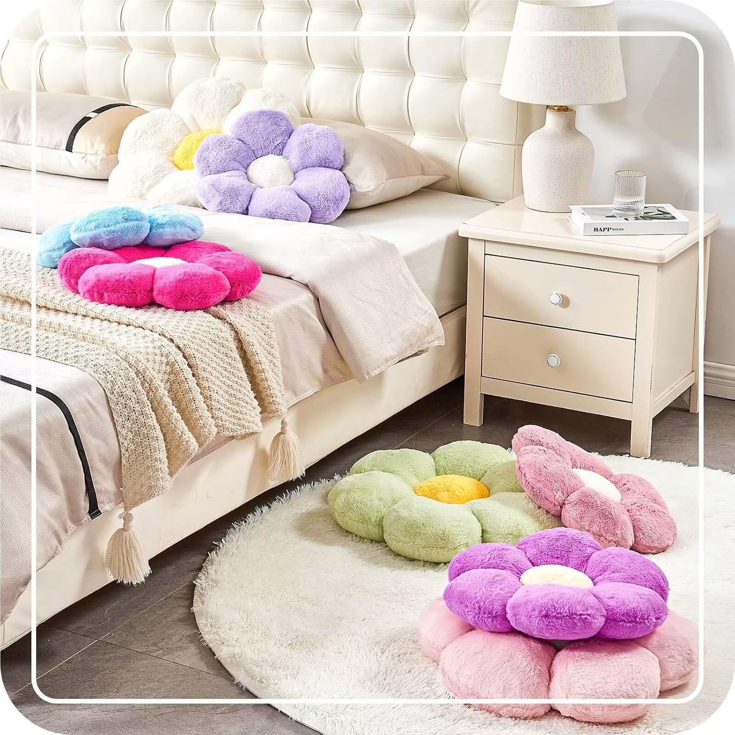 Green Flower Shaped Throw Pillow with Faux Rabbit Fur, 14.9" Soft Plush Throw Pillow for Bedroom