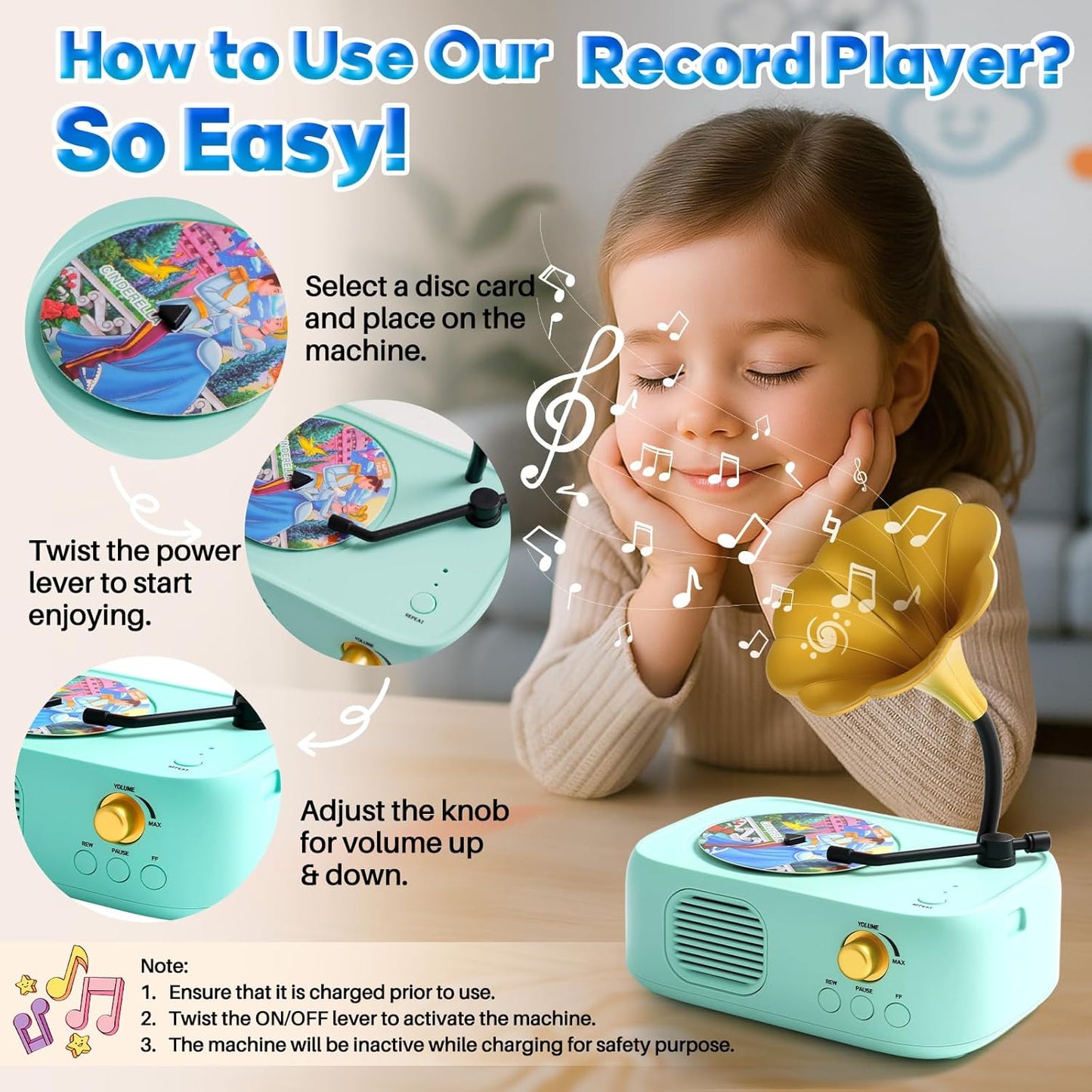 Kids Phonograph Toddler Record Player， with 96 Learning Cards, Early Education Machine Record