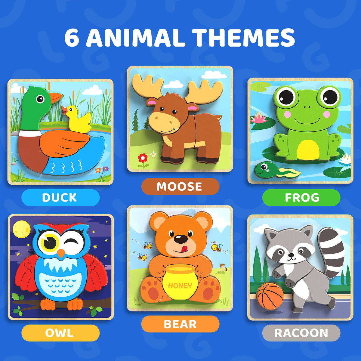 BenBen Wooden Puzzles for Toddlers 1-3, 6 Pack Animal Puzzles for Toddlers 2-4, Montessori Toys for