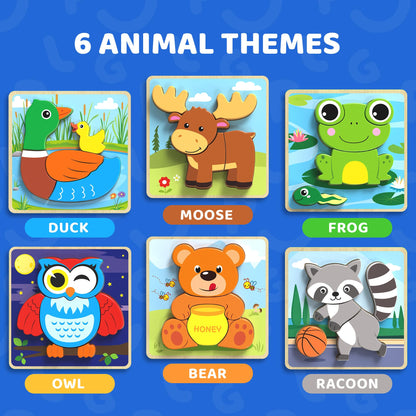 BenBen Wooden Puzzles for Toddlers 1-3, 6 Pack Animal Puzzles for Toddlers 2-4, Montessori Toys for
