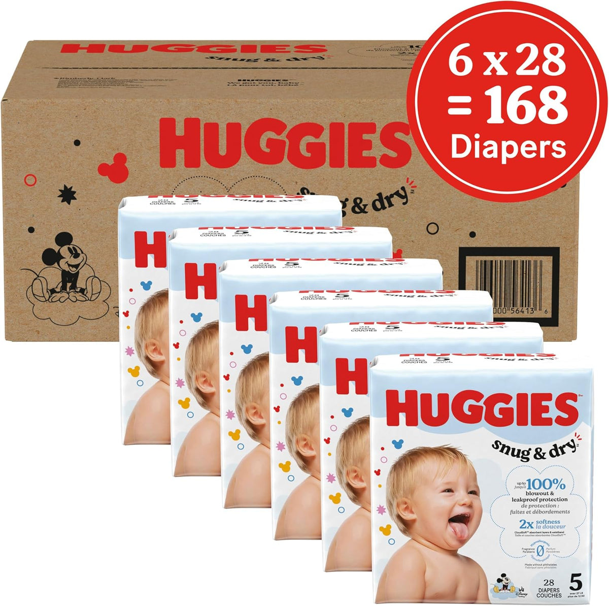 Huggies Size 5 Diapers, Snug & Dry Baby Diapers, Size 5 (27+ lbs), 168 Count (6 Packs of 28)