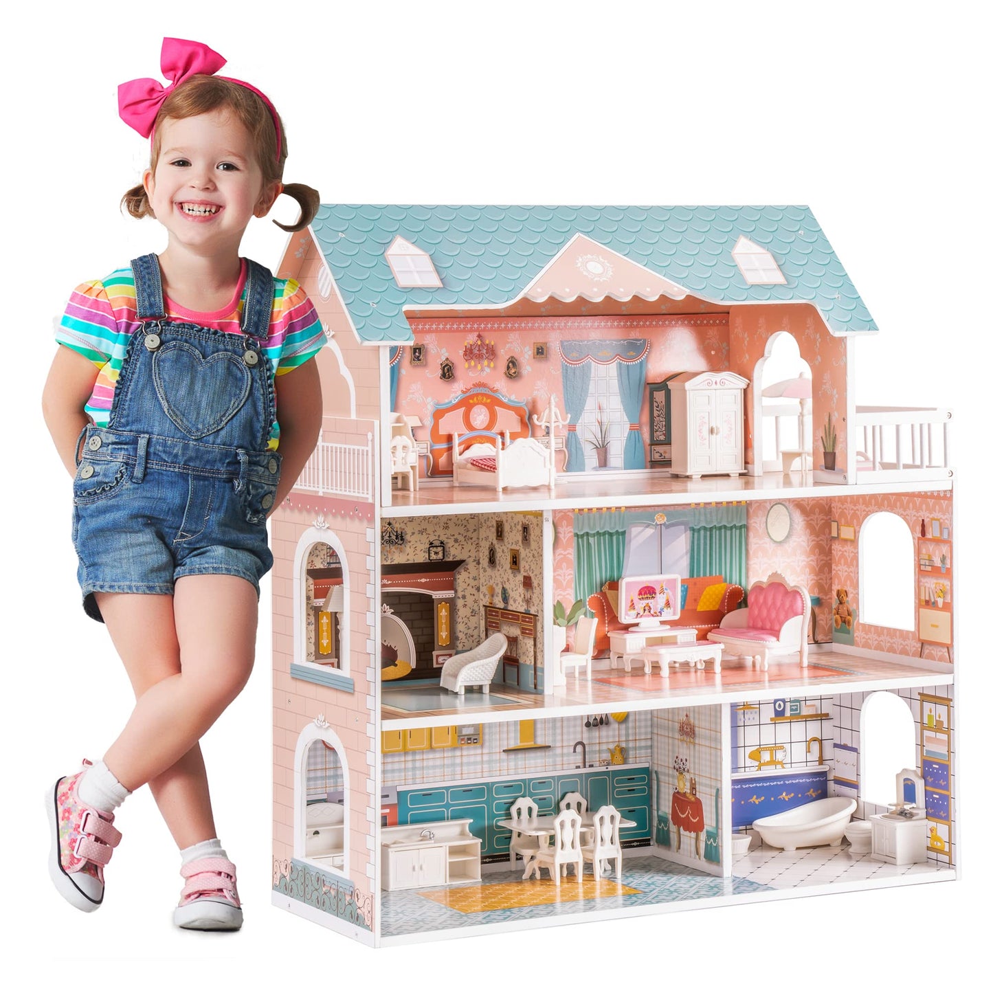 ROBOTIME Doll House Wooden Dollhouse for Kids 3 4 5 6 Years Old, Doll House w/28PCS Furniture
