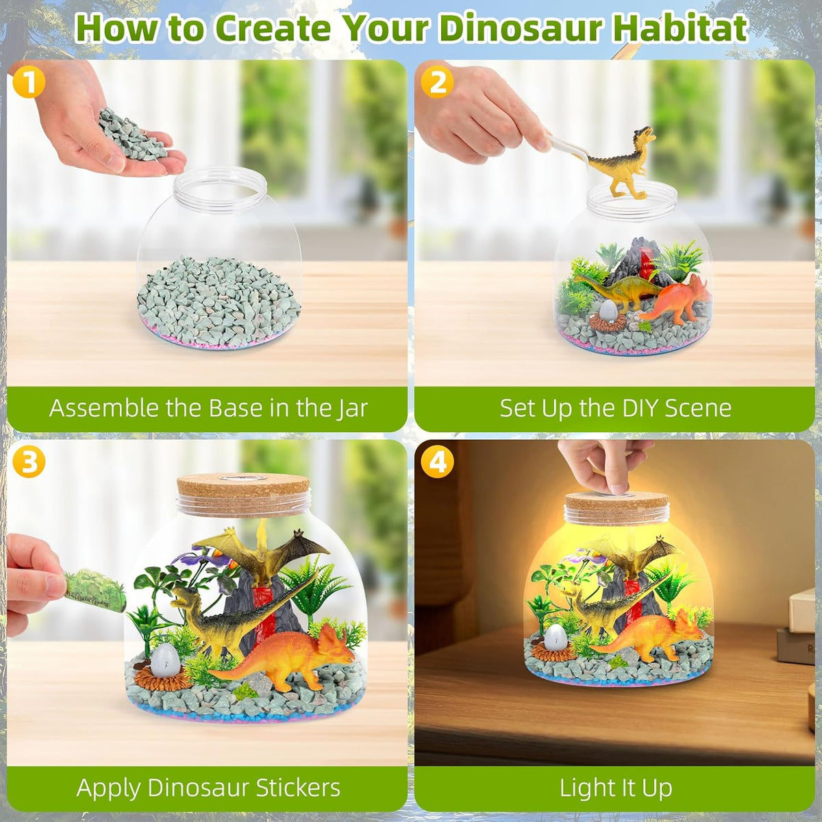 Dinosaur Light Up Terrarium for Boys – DIY Prehistoric Garden with LED | STEM Toy & Craft Gift for