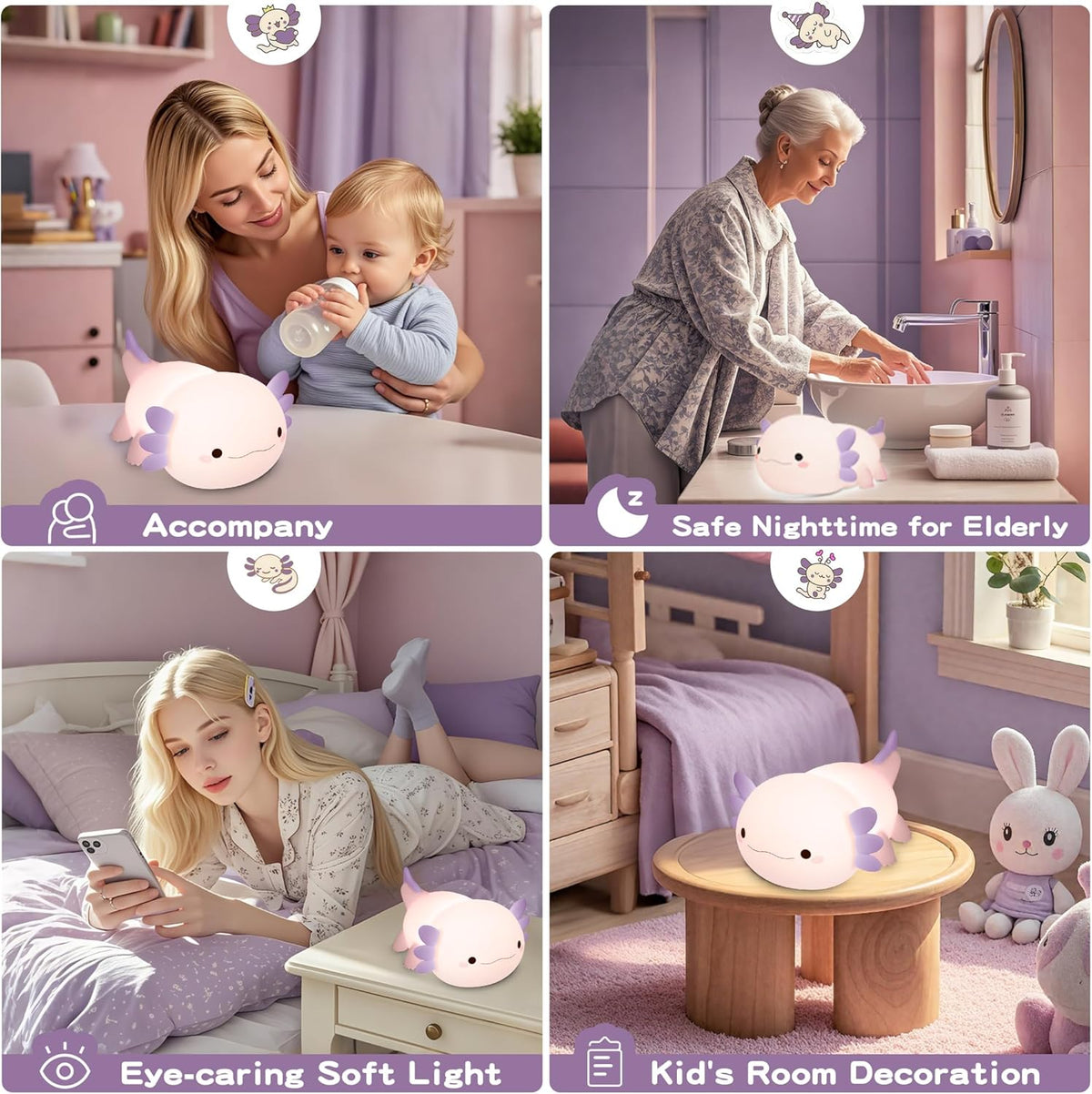 Axolotl Night Light for Kids,Cute Purple Axolotl Lamp,LED Squishy Nursery Nightlight, Food Grade