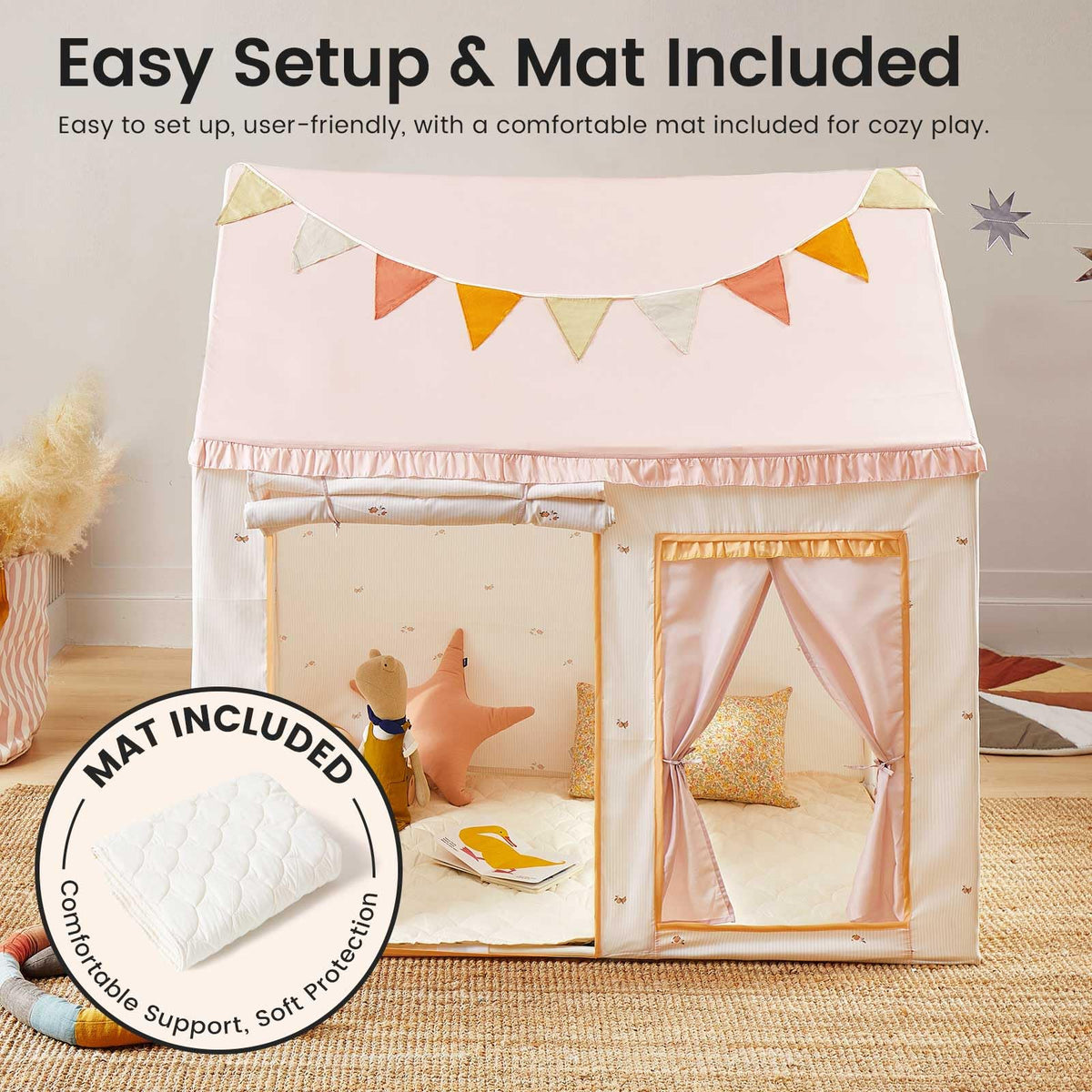 Tiny Land Kids Play Tent with Mat, Indoor Playhouse, 52" x 35" x 53"