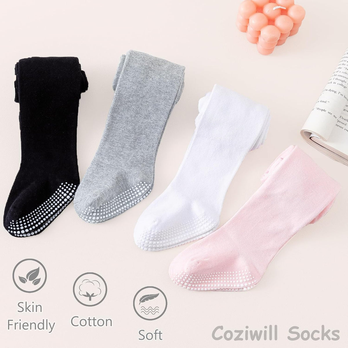 Baby Tights Non Slip Toddler Stockings Tights with Grippers Seamless Soft Cotton Knit Leggings