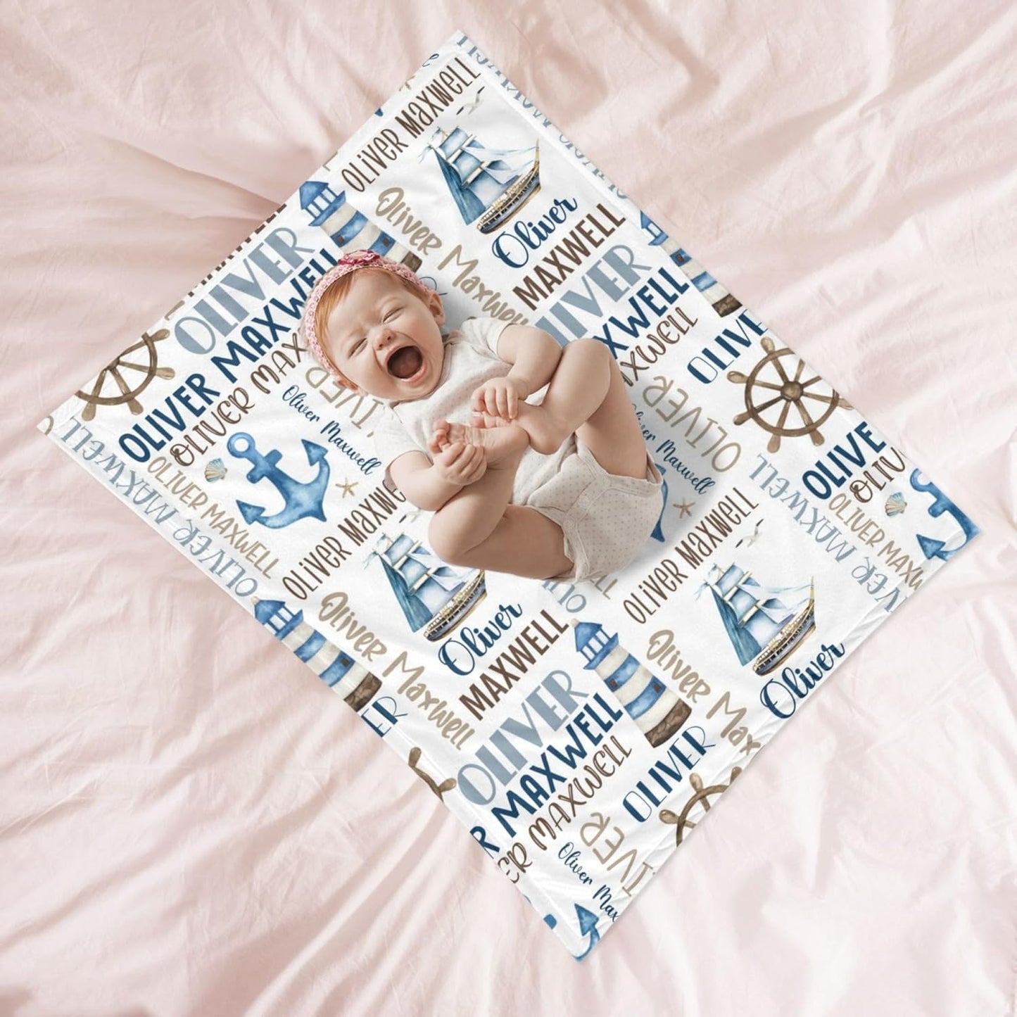 Personalized Baby Blanket for Boys, Custom Baby Blanket with Name, Nautical Blanket Sailboat Anchor