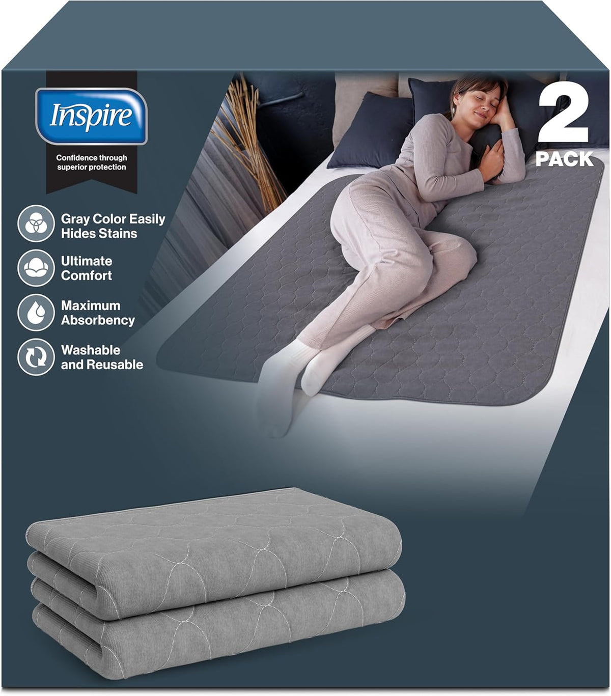 Inspire Underpads | Stain Hiding Gray Reusable Incontinence Bed Pads | Waterproof Mattress Pad |
