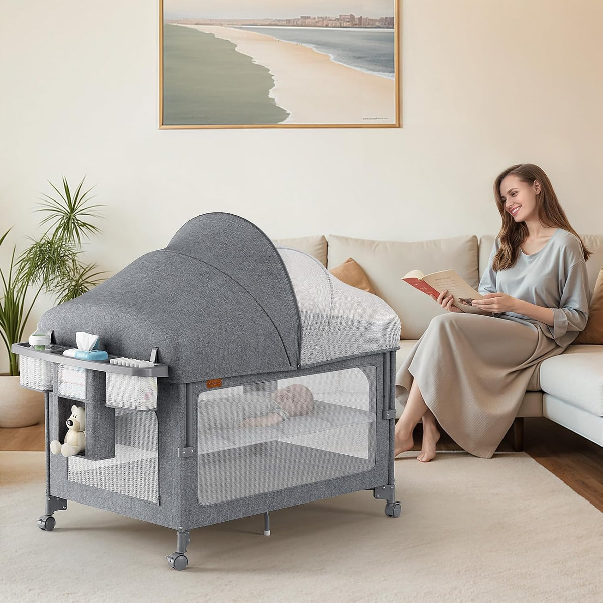4 in 1 Baby Bassinet, Pack and Play, Bedside Crib Sleeper, Diaper Changer, Quickly Assembled and