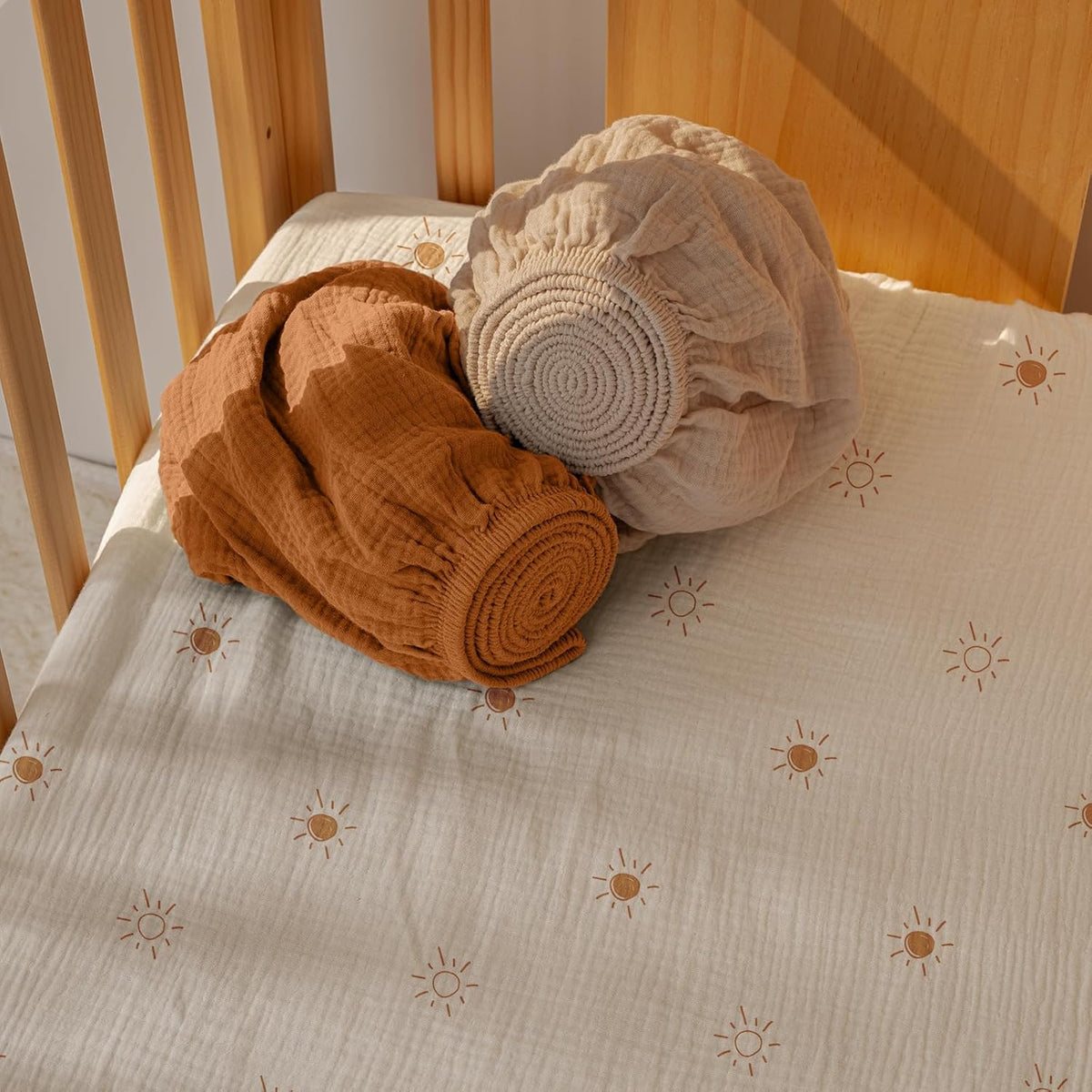 Gllquen Baby Muslin Mini Crib Sheets 3 Pack, Breathable Pack and Play Sheets Fitted Soft Cozy