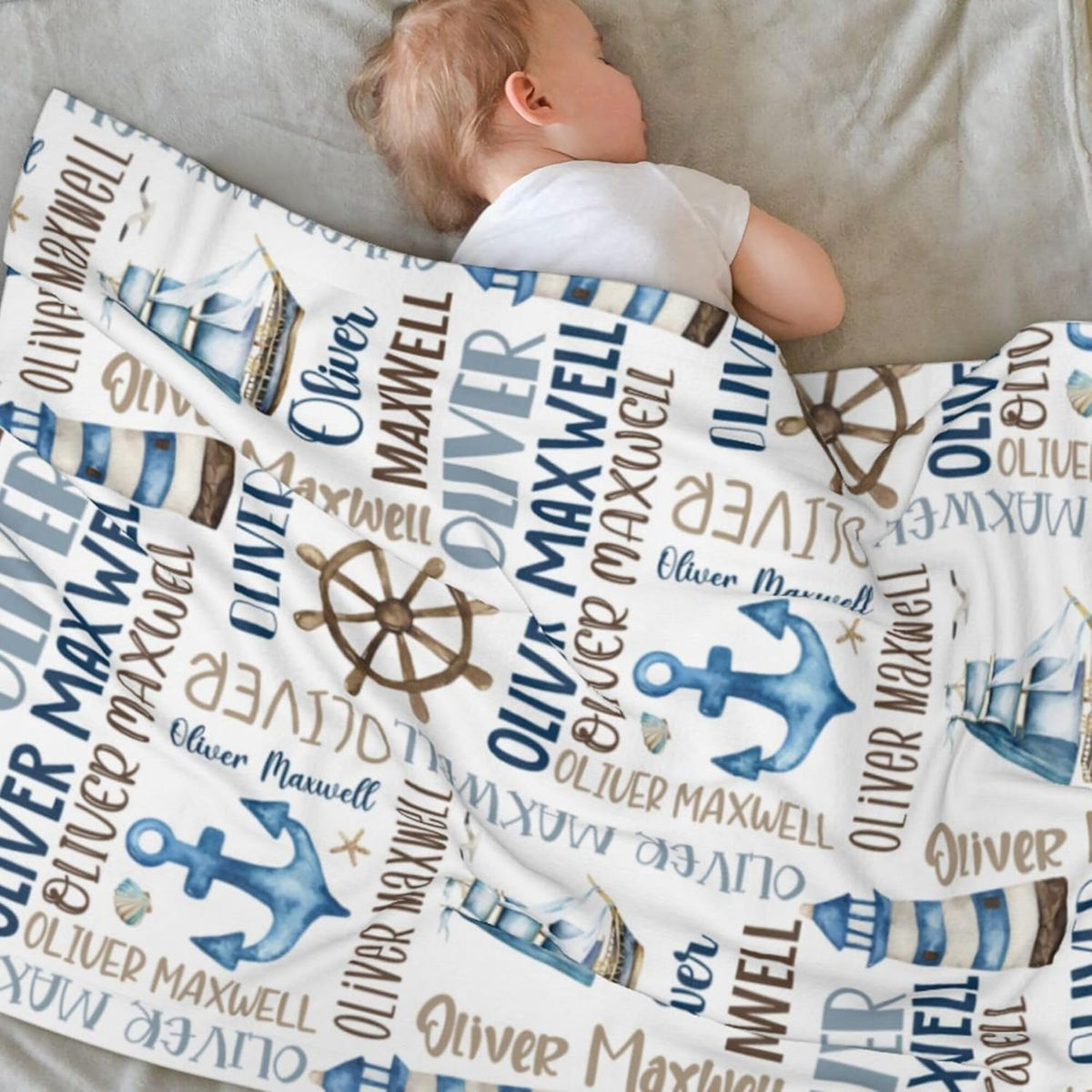 Personalized Baby Blanket for Boys, Custom Baby Blanket with Name, Nautical Blanket Sailboat Anchor