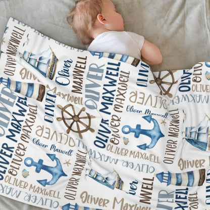 Personalized Baby Blanket for Boys, Custom Baby Blanket with Name, Nautical Blanket Sailboat Anchor