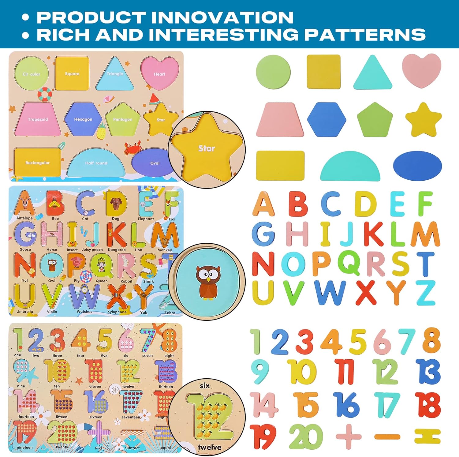 Wooden Puzzles for Toddlers, Voamuw Alphabet Number Shape Learning Education Preschool Toys for