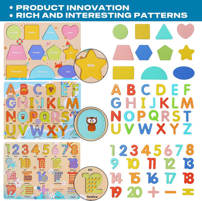 Wooden Puzzles for Toddlers, Voamuw Alphabet Number Shape Learning Education Preschool Toys for