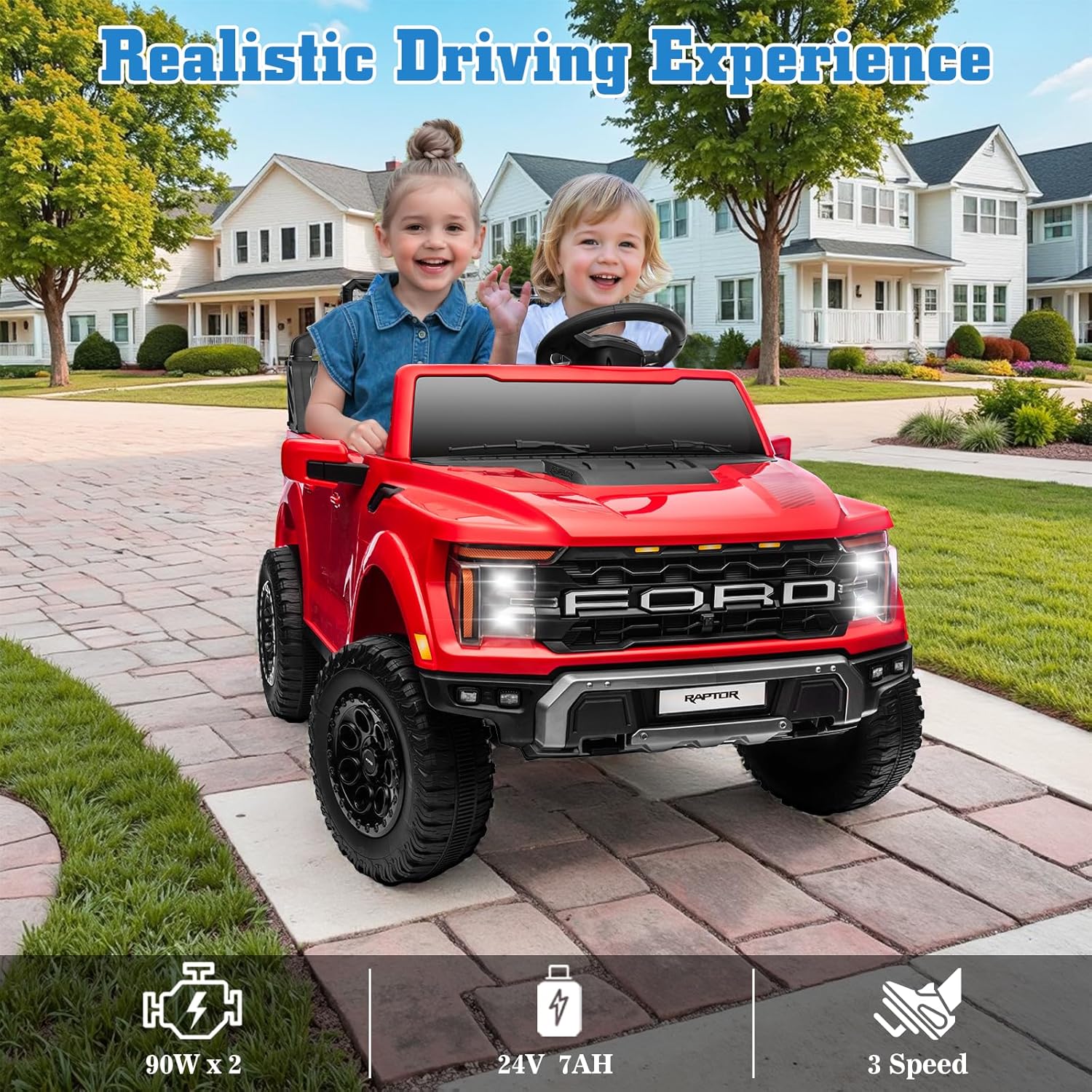 24V Ride on Car Licensed Ford F-150 Raptor, Kids Electric Car with Remote Control, LED
