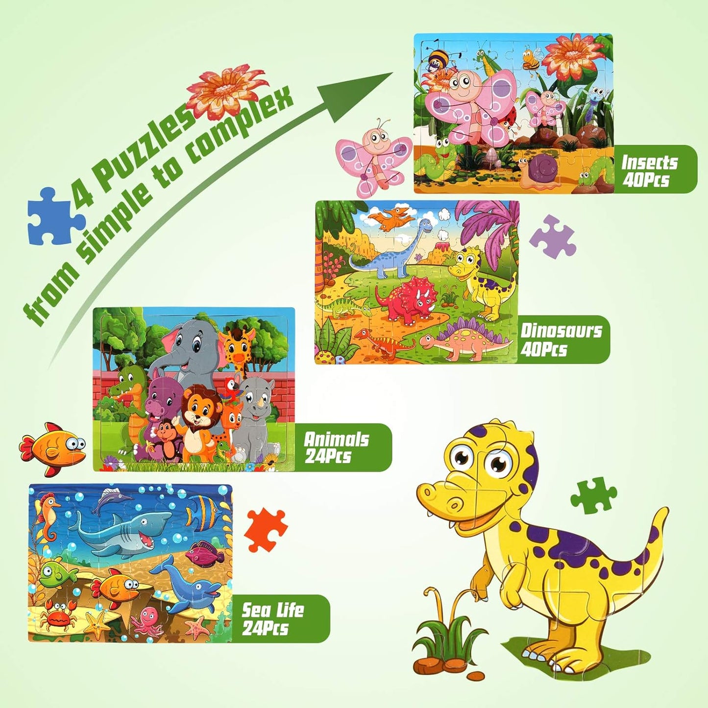 SYNARRY Wooden Jigsaw Puzzles for Kids Age 3-5 Year Old, 4 Pack 24-40 Pieces Preschool Educational