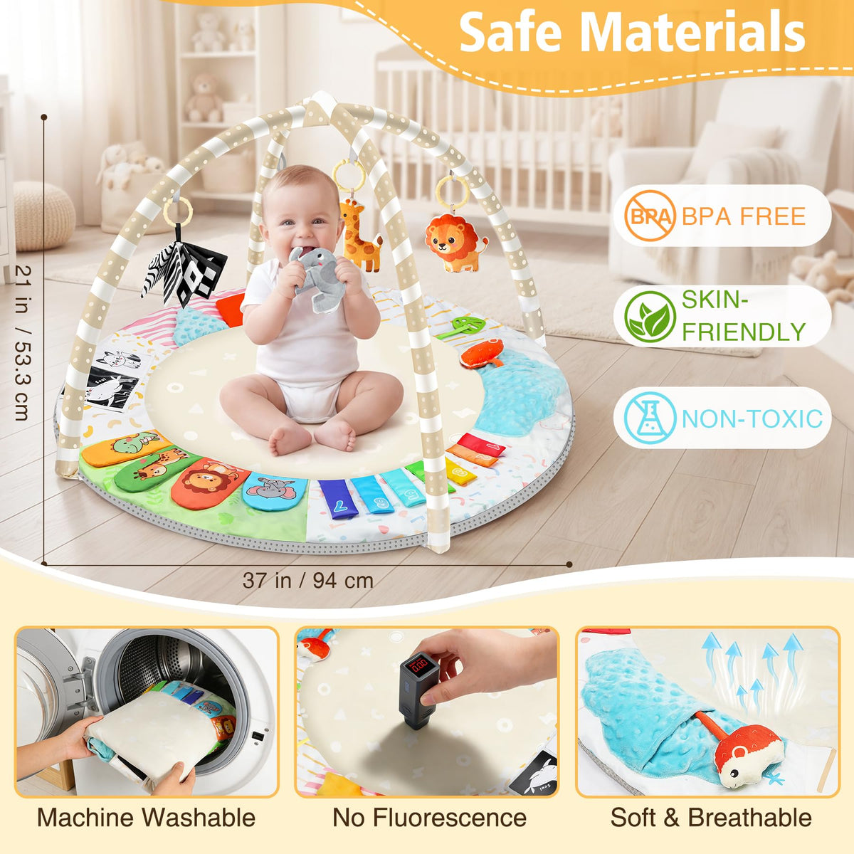 URMYWO Baby Play Gym Mat Tummy Time Mat with 5 Sensory Toys for 0-18 Months