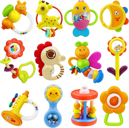 MOONTOY 12pcs Baby Rattles for Babies 0-6 Months Teething Toys 3-6 Months, Newborn Infant Teethers