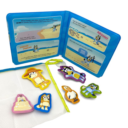 Bluey The Beach Bath Time Books - Activity Books for kids, Bath book, 6 Padded suction cups, 1 Mesh
