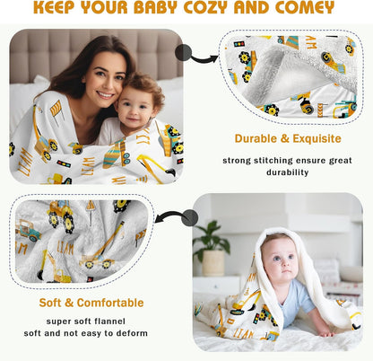 Personalized Truck Excavator Blanket with Name Cutsom Blanket for Baby Boy Car Lover Toddler Kids