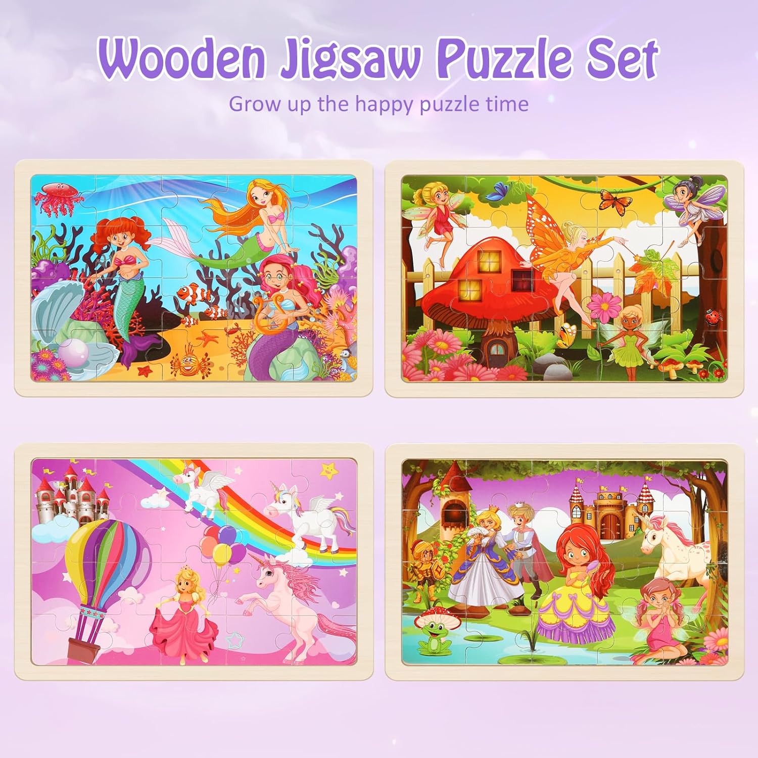 Wooden Puzzles Toys for Kids Ages 3-5, Set of 4 Packs with 20-Piece Unicorn Mermaid Princess Wood