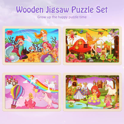 Wooden Puzzles Toys for Kids Ages 3-5, Set of 4 Packs with 20-Piece Unicorn Mermaid Princess Wood