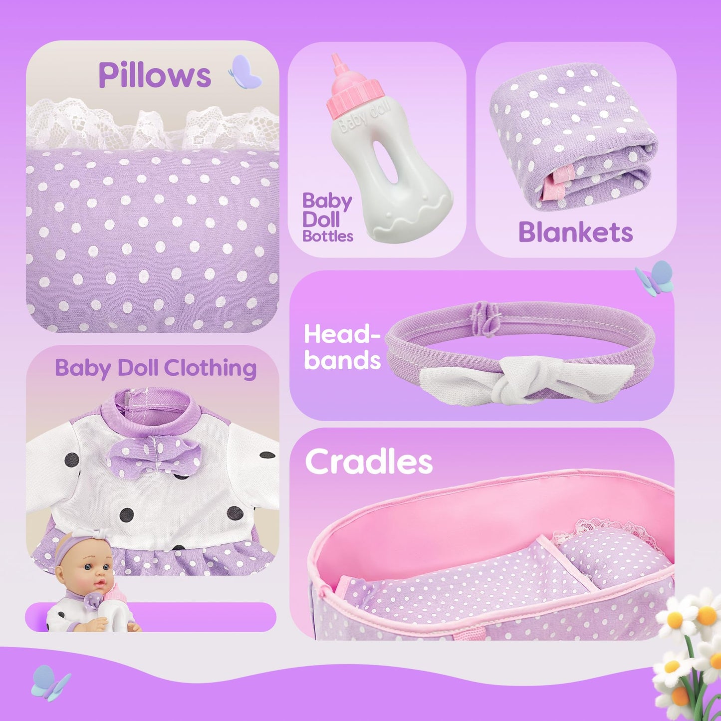 SMILESSKIDDO Baby Doll with Carrier Bassinet Bed 12" Dolls Playset Toddler