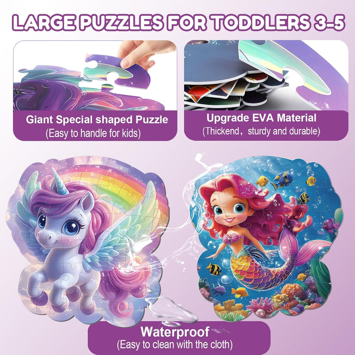 45pcs Unicorn & Mermaid Double-Sided Floor Puzzles, Ages 3-8, 27.6x32 In, Waterproof, EVA Material