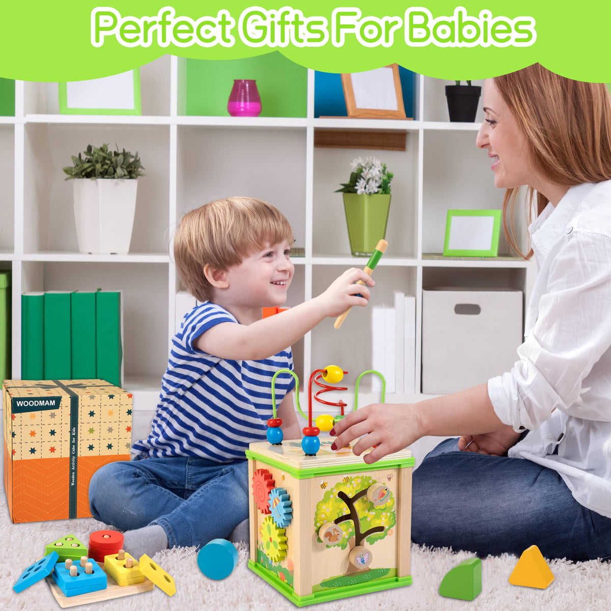 WOODMAM Wooden 7-in-1 Activity Cube, Montessori Toys for 1 2 Year Old