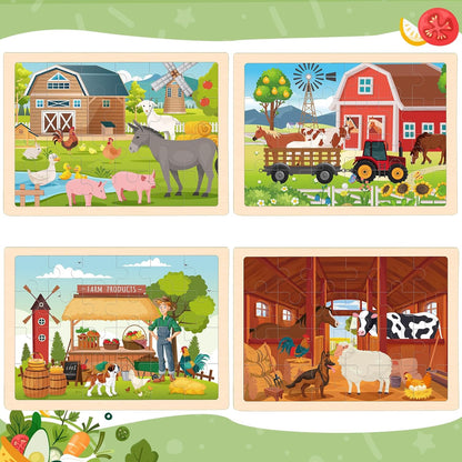 4-in-1 Farm Wooden Puzzles for Kids Ages 4-6, 24 PCS Wooden Jigsaw Puzzles for Toddlers Ages 2-4