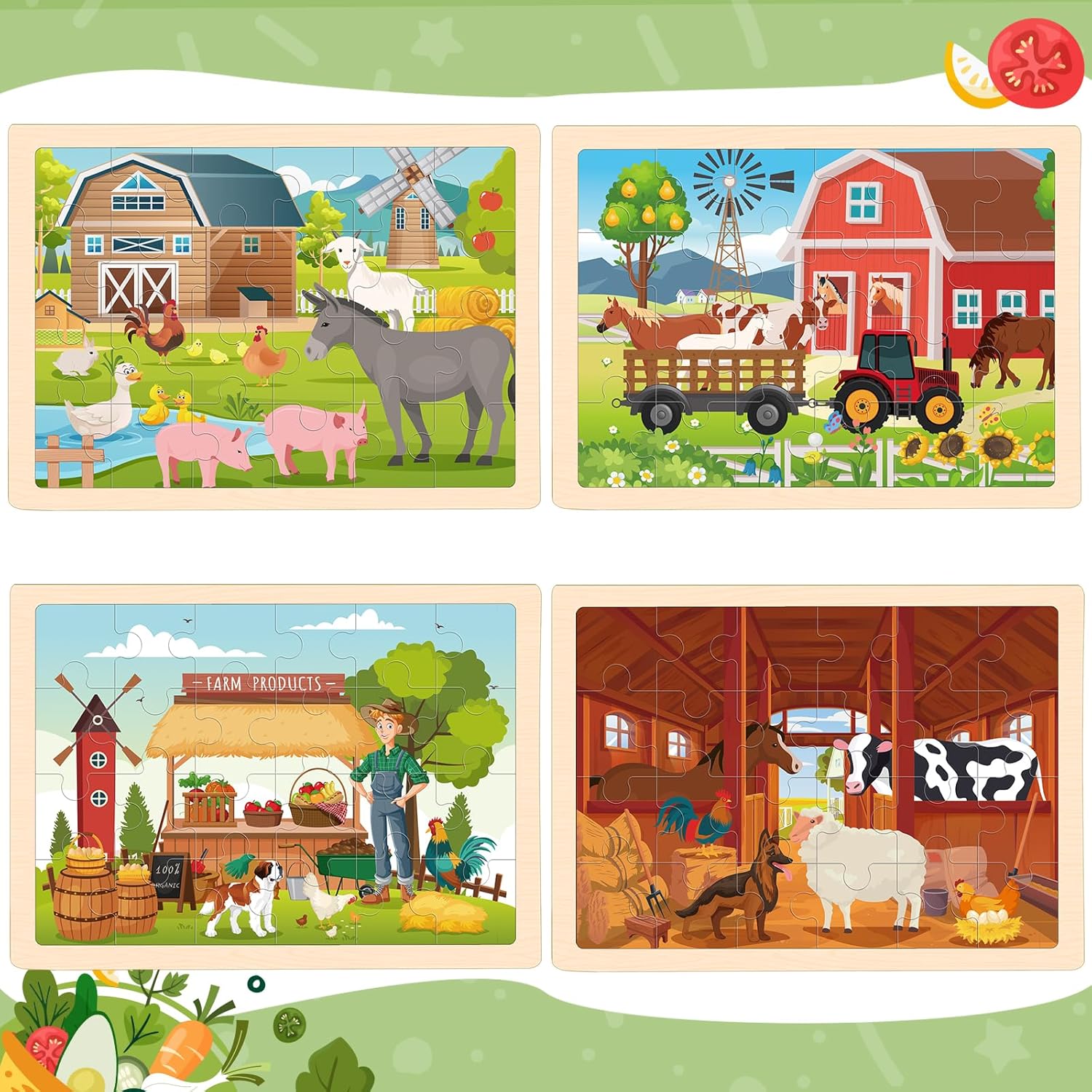 Wooden Farm Puzzles for Kids Age 3 4 5 Year Old, 4 Pack 24 Pcs Montessori Toddler Jigsaw Puzzles