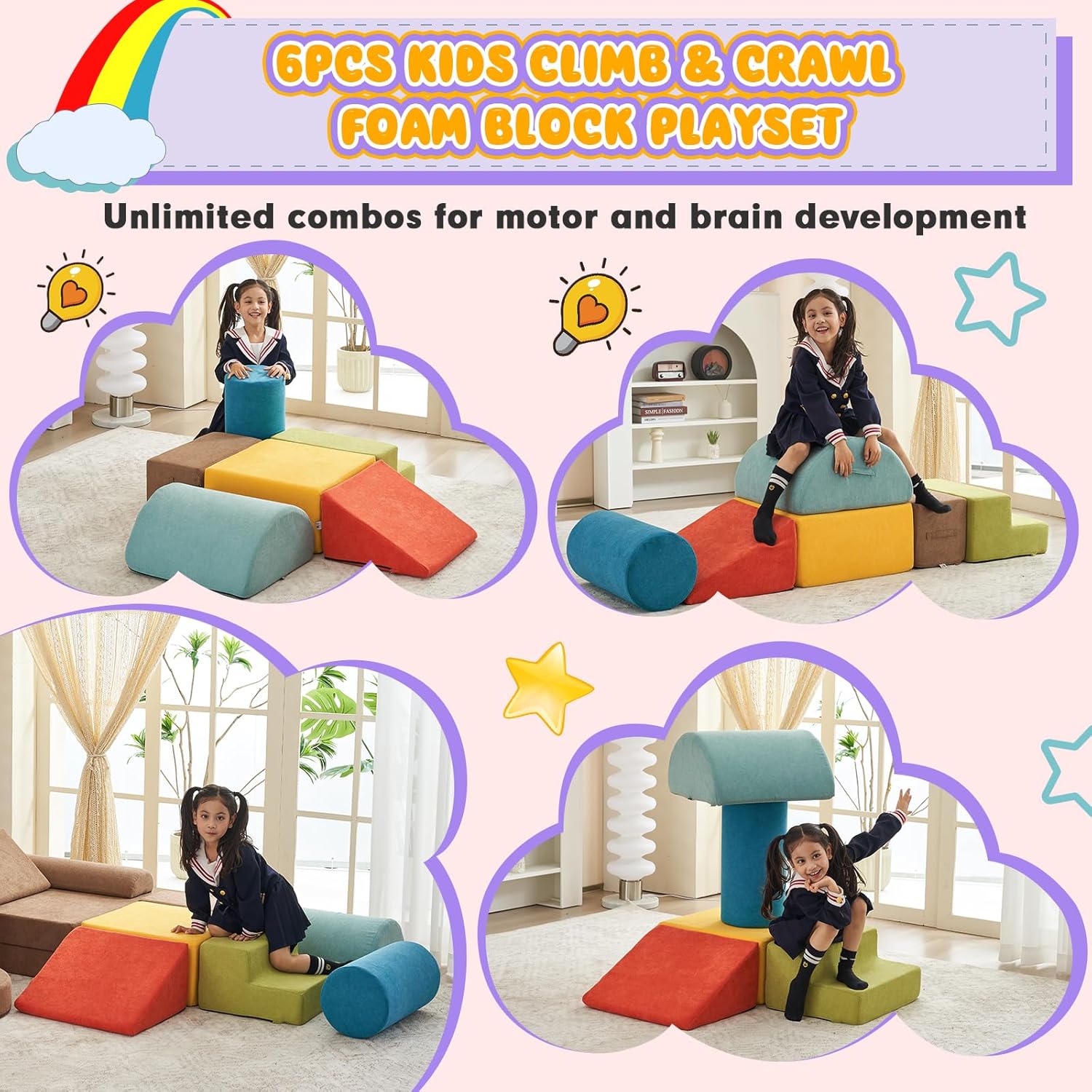 jela Foam Blocks 6Pcs Soft Play Equipment Luxury Miss Fabric, Toddler Climbing Toys Indoor Soft