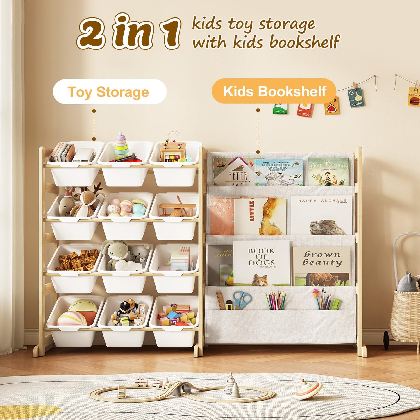 EXPERLAM Toy Storage Organizer with Bookshelf, Kids Toy Organizer and Storage Shelf with 12 White