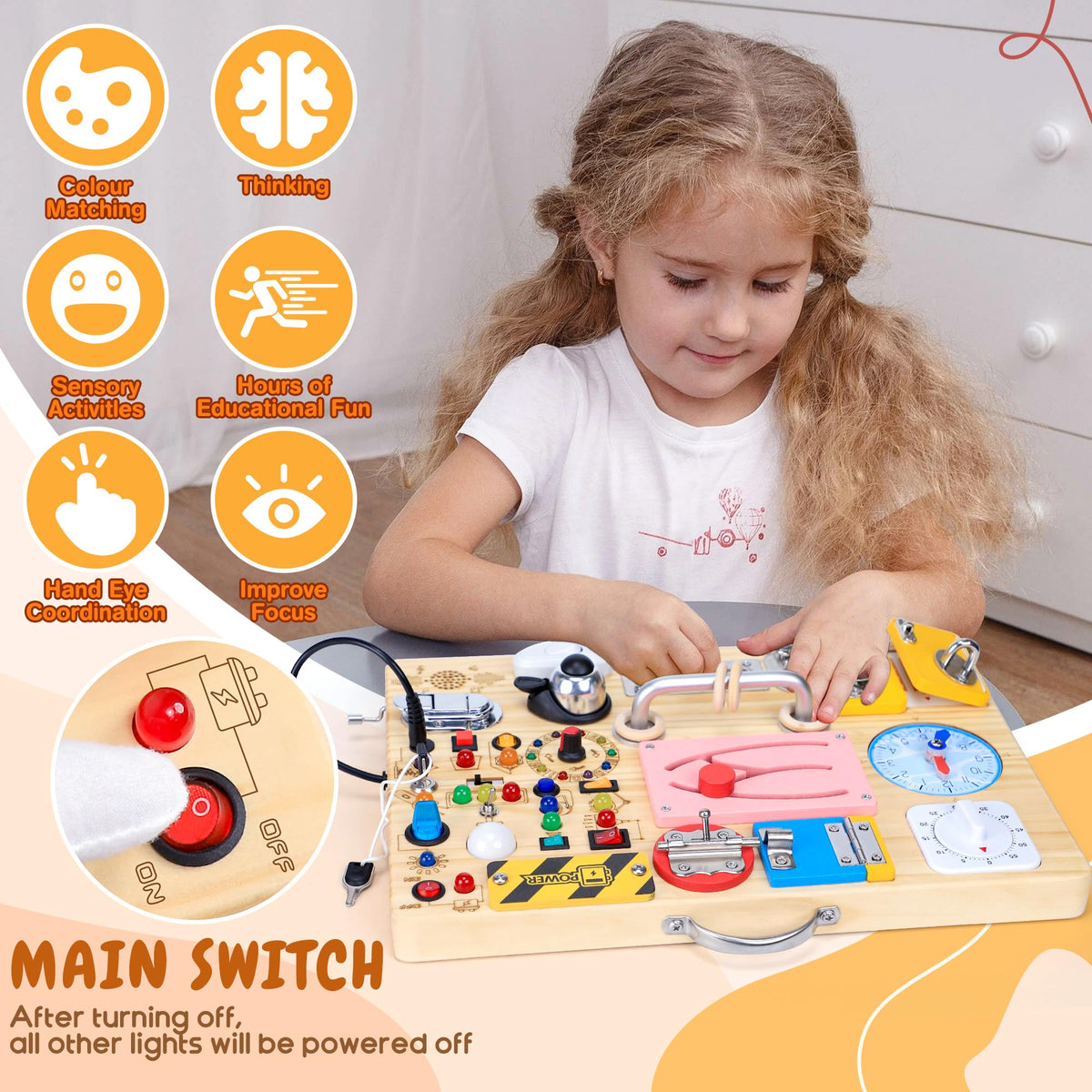 25 in 1 Busy Board with 13 LED Light Switches and 12 Activity, Montessori Toys for 1 2 3 Years Old
