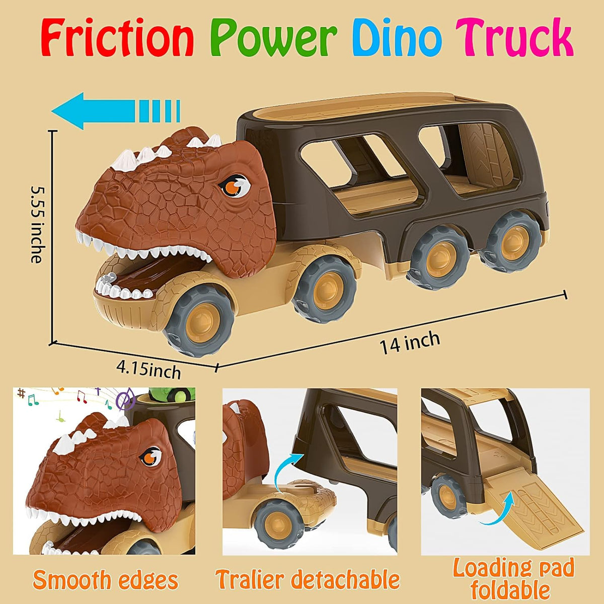 Veslier Dinosaur Car Toy for 2 3 4 5 Years Old Boys, Friction Power Carrier Truck with 4 Pack Small