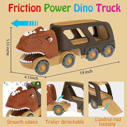 Veslier Dinosaur Car Toy for 2 3 4 5 Years Old Boys, Friction Power Carrier Truck with 4 Pack Small