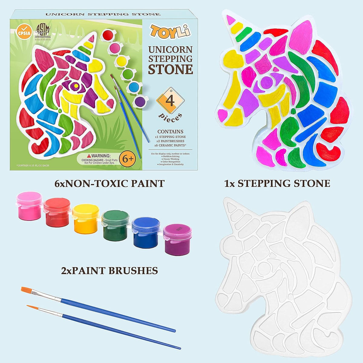 TOYLI Unicorn Painting Kit for Kids, Art Set, DIY Project, Stepping Stone Kit, Includes 2 Brushes