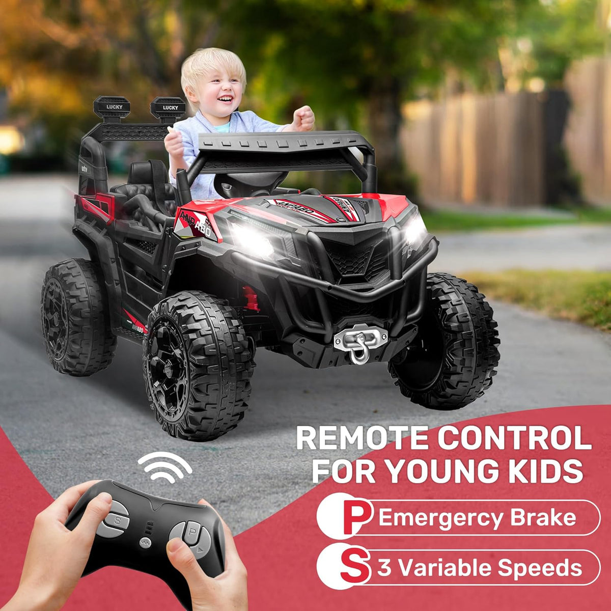 ANPABO 24V 4X4 Ride on Car Truck w/Remote Control, 4WD/2WD Switchable Kids UTV, 19" Spacious Seat